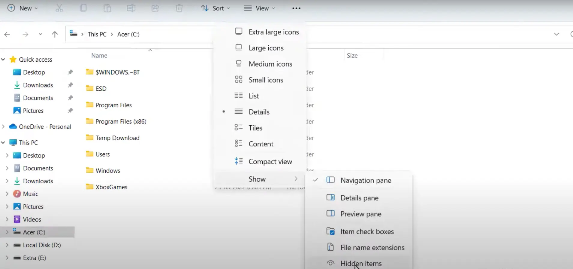 Windows 11 - Enabling Hidden Items Option in File Explorer
